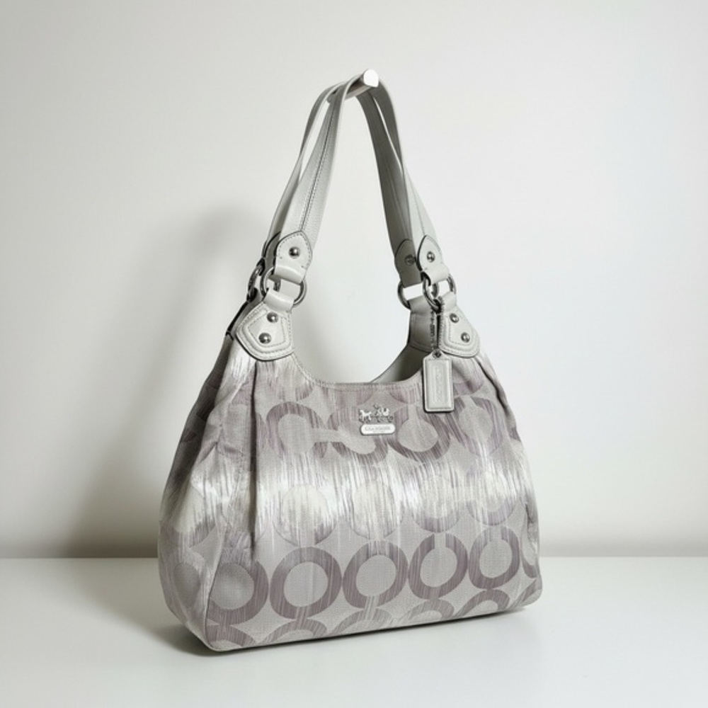 Coach Madison Op Art Sateen Bag Soft Gray Ivory Leather EUC